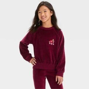 Cat & Jack Velour Long Sleeve Burgundy Sweatshirt With Flower Large 10-12